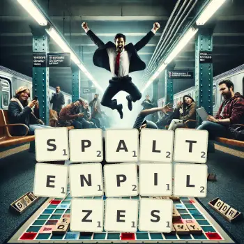 Kreative Illustration für ein Scrabble-Spiel, bei dem das Wort SPALTENPILZES mit Steinen auf dem Brett gelegt wurde.