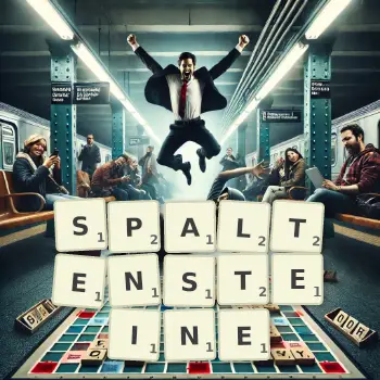 Kreative Illustration für ein Scrabble-Spiel, bei dem das Wort SPALTENSTEINE mit Steinen auf dem Brett gelegt wurde.