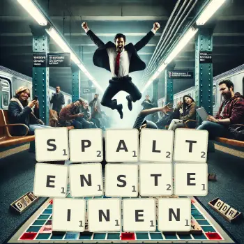 Kreative Illustration für ein Scrabble-Spiel, bei dem das Wort SPALTENSTEINEN mit Steinen auf dem Brett gelegt wurde.