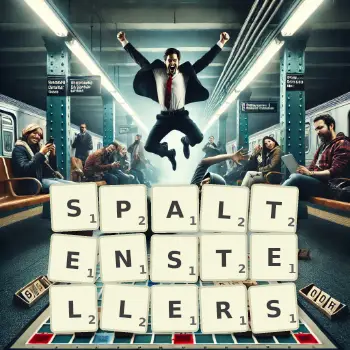 Kreative Illustration für ein Scrabble-Spiel, bei dem das Wort SPALTENSTELLERS mit Steinen auf dem Brett gelegt wurde.
