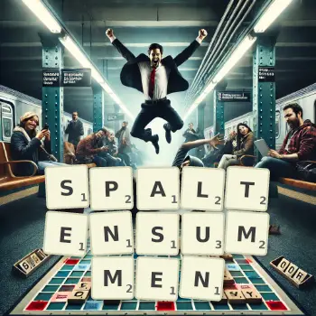 Kreative Illustration für ein Scrabble-Spiel, bei dem das Wort SPALTENSUMMEN mit Steinen auf dem Brett gelegt wurde.