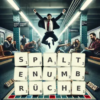 Kreative Illustration für ein Scrabble-Spiel, bei dem das Wort SPALTENUMBRÜCHE mit Steinen auf dem Brett gelegt wurde.
