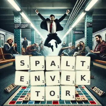 Kreative Illustration für ein Scrabble-Spiel, bei dem das Wort SPALTENVEKTOR mit Steinen auf dem Brett gelegt wurde.