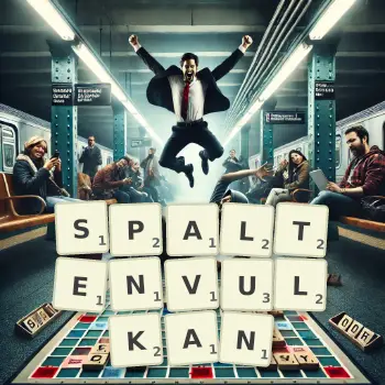 Kreative Illustration für ein Scrabble-Spiel, bei dem das Wort SPALTENVULKAN mit Steinen auf dem Brett gelegt wurde.