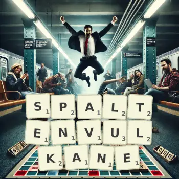 Kreative Illustration für ein Scrabble-Spiel, bei dem das Wort SPALTENVULKANE mit Steinen auf dem Brett gelegt wurde.