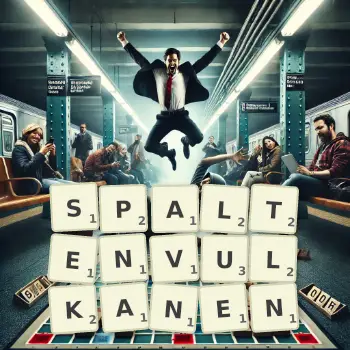 Kreative Illustration für ein Scrabble-Spiel, bei dem das Wort SPALTENVULKANEN mit Steinen auf dem Brett gelegt wurde.