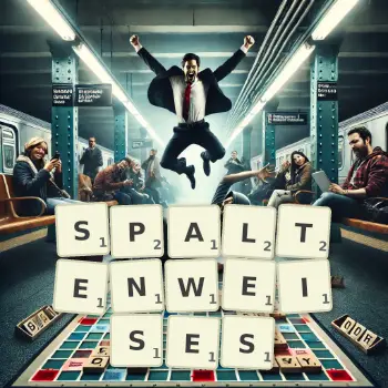 Kreative Illustration für ein Scrabble-Spiel, bei dem das Wort SPALTENWEISES mit Steinen auf dem Brett gelegt wurde.