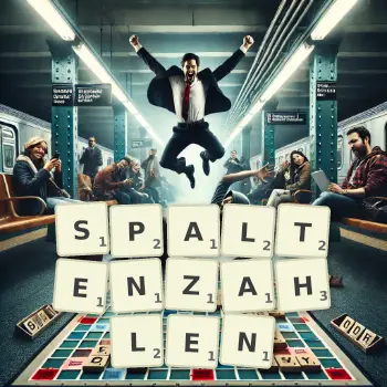 Kreative Illustration für ein Scrabble-Spiel, bei dem das Wort SPALTENZAHLEN mit Steinen auf dem Brett gelegt wurde.