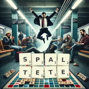 Kreative Illustration für ein Scrabble-Spiel, bei dem das Wort SPALTETE mit Steinen auf dem Brett gelegt wurde.