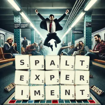 Kreative Illustration für ein Scrabble-Spiel, bei dem das Wort SPALTEXPERIMENT mit Steinen auf dem Brett gelegt wurde.