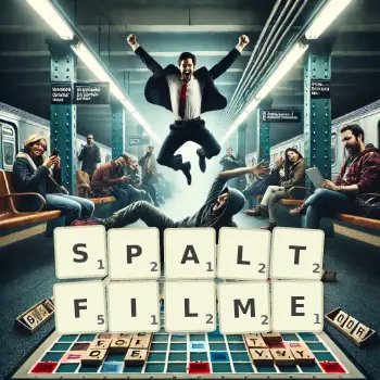 Kreative Illustration für ein Scrabble-Spiel, bei dem das Wort SPALTFILME mit Steinen auf dem Brett gelegt wurde.