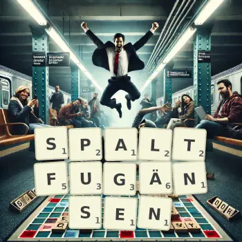 Kreative Illustration für ein Scrabble-Spiel, bei dem das Wort SPALTFUGÄNSEN mit Steinen auf dem Brett gelegt wurde.