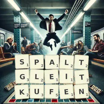 Kreative Illustration für ein Scrabble-Spiel, bei dem das Wort SPALTGLEITKUFEN mit Steinen auf dem Brett gelegt wurde.