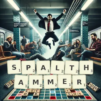 Kreative Illustration für ein Scrabble-Spiel, bei dem das Wort SPALTHAMMER mit Steinen auf dem Brett gelegt wurde.