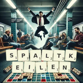 Kreative Illustration für ein Scrabble-Spiel, bei dem das Wort SPALTKEILEN mit Steinen auf dem Brett gelegt wurde.