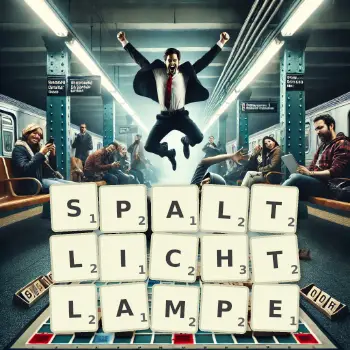 Kreative Illustration für ein Scrabble-Spiel, bei dem das Wort SPALTLICHTLAMPE mit Steinen auf dem Brett gelegt wurde.