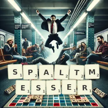 Kreative Illustration für ein Scrabble-Spiel, bei dem das Wort SPALTMESSER mit Steinen auf dem Brett gelegt wurde.