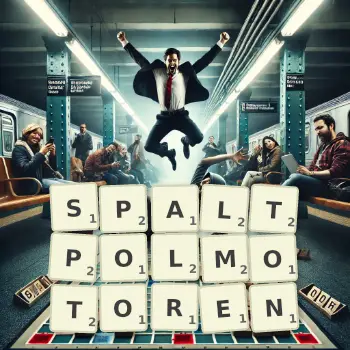 Kreative Illustration für ein Scrabble-Spiel, bei dem das Wort SPALTPOLMOTOREN mit Steinen auf dem Brett gelegt wurde.