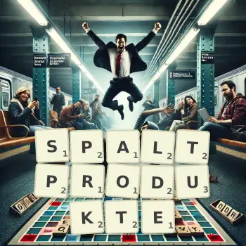 Kreative Illustration für ein Scrabble-Spiel, bei dem das Wort SPALTPRODUKTE mit Steinen auf dem Brett gelegt wurde.