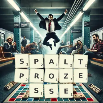 Kreative Illustration für ein Scrabble-Spiel, bei dem das Wort SPALTPROZESSE mit Steinen auf dem Brett gelegt wurde.