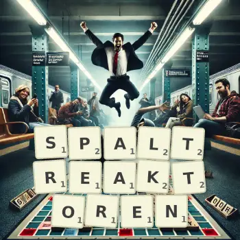 Kreative Illustration für ein Scrabble-Spiel, bei dem das Wort SPALTREAKTOREN mit Steinen auf dem Brett gelegt wurde.