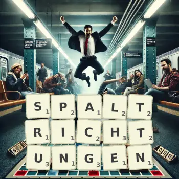 Kreative Illustration für ein Scrabble-Spiel, bei dem das Wort SPALTRICHTUNGEN mit Steinen auf dem Brett gelegt wurde.