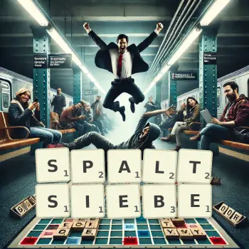 Kreative Illustration für ein Scrabble-Spiel, bei dem das Wort SPALTSIEBE mit Steinen auf dem Brett gelegt wurde.