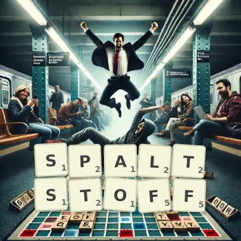 Kreative Illustration für ein Scrabble-Spiel, bei dem das Wort SPALTSTOFF mit Steinen auf dem Brett gelegt wurde.