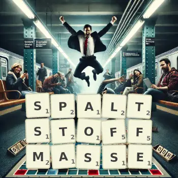 Kreative Illustration für ein Scrabble-Spiel, bei dem das Wort SPALTSTOFFMASSE mit Steinen auf dem Brett gelegt wurde.