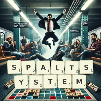 Kreative Illustration für ein Scrabble-Spiel, bei dem das Wort SPALTSYSTEM mit Steinen auf dem Brett gelegt wurde.