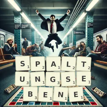 Kreative Illustration für ein Scrabble-Spiel, bei dem das Wort SPALTUNGSEBENE mit Steinen auf dem Brett gelegt wurde.