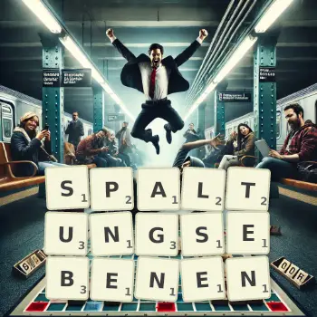 Kreative Illustration für ein Scrabble-Spiel, bei dem das Wort SPALTUNGSEBENEN mit Steinen auf dem Brett gelegt wurde.