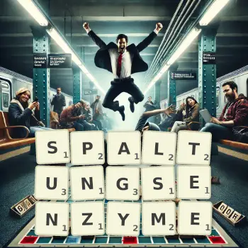 Kreative Illustration für ein Scrabble-Spiel, bei dem das Wort SPALTUNGSENZYME mit Steinen auf dem Brett gelegt wurde.