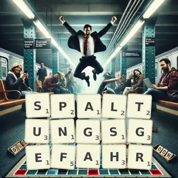 Kreative Illustration für ein Scrabble-Spiel, bei dem das Wort SPALTUNGSGEFAHR mit Steinen auf dem Brett gelegt wurde.