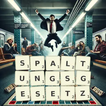 Kreative Illustration für ein Scrabble-Spiel, bei dem das Wort SPALTUNGSGESETZ mit Steinen auf dem Brett gelegt wurde.