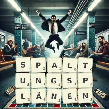 Kreative Illustration für ein Scrabble-Spiel, bei dem das Wort SPALTUNGSPLÄNEN mit Steinen auf dem Brett gelegt wurde.