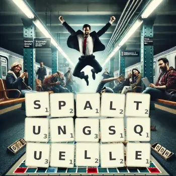 Kreative Illustration für ein Scrabble-Spiel, bei dem das Wort SPALTUNGSQUELLE mit Steinen auf dem Brett gelegt wurde.