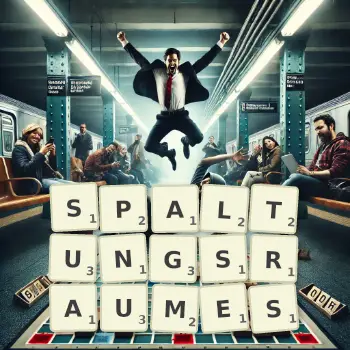 Kreative Illustration für ein Scrabble-Spiel, bei dem das Wort SPALTUNGSRAUMES mit Steinen auf dem Brett gelegt wurde.