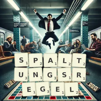 Kreative Illustration für ein Scrabble-Spiel, bei dem das Wort SPALTUNGSREGEL mit Steinen auf dem Brett gelegt wurde.