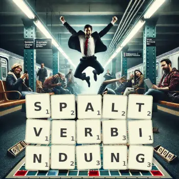 Kreative Illustration für ein Scrabble-Spiel, bei dem das Wort SPALTVERBINDUNG mit Steinen auf dem Brett gelegt wurde.