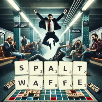 Kreative Illustration für ein Scrabble-Spiel, bei dem das Wort SPALTWAFFE mit Steinen auf dem Brett gelegt wurde.