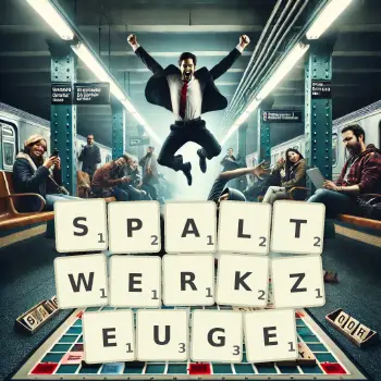 Kreative Illustration für ein Scrabble-Spiel, bei dem das Wort SPALTWERKZEUGE mit Steinen auf dem Brett gelegt wurde.
