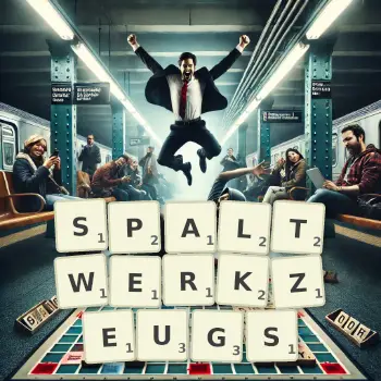 Kreative Illustration für ein Scrabble-Spiel, bei dem das Wort SPALTWERKZEUGS mit Steinen auf dem Brett gelegt wurde.