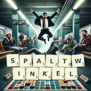 Kreative Illustration für ein Scrabble-Spiel, bei dem das Wort SPALTWINKEL mit Steinen auf dem Brett gelegt wurde.