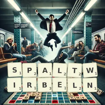 Kreative Illustration für ein Scrabble-Spiel, bei dem das Wort SPALTWIRBELN mit Steinen auf dem Brett gelegt wurde.