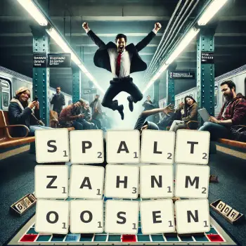 Kreative Illustration für ein Scrabble-Spiel, bei dem das Wort SPALTZAHNMOOSEN mit Steinen auf dem Brett gelegt wurde.
