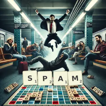 Kreative Illustration für ein Scrabble-Spiel, bei dem das Wort SPAM mit Steinen auf dem Brett gelegt wurde.