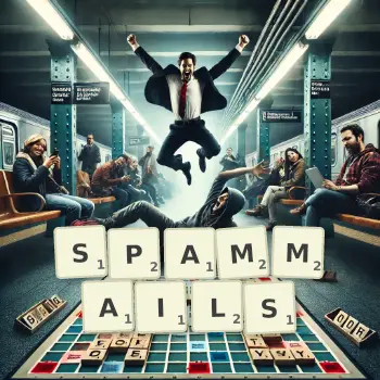 Kreative Illustration für ein Scrabble-Spiel, bei dem das Wort SPAMMAILS mit Steinen auf dem Brett gelegt wurde.