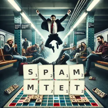Kreative Illustration für ein Scrabble-Spiel, bei dem das Wort SPAMMTET mit Steinen auf dem Brett gelegt wurde.