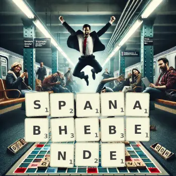 Kreative Illustration für ein Scrabble-Spiel, bei dem das Wort SPANABHEBENDE mit Steinen auf dem Brett gelegt wurde.